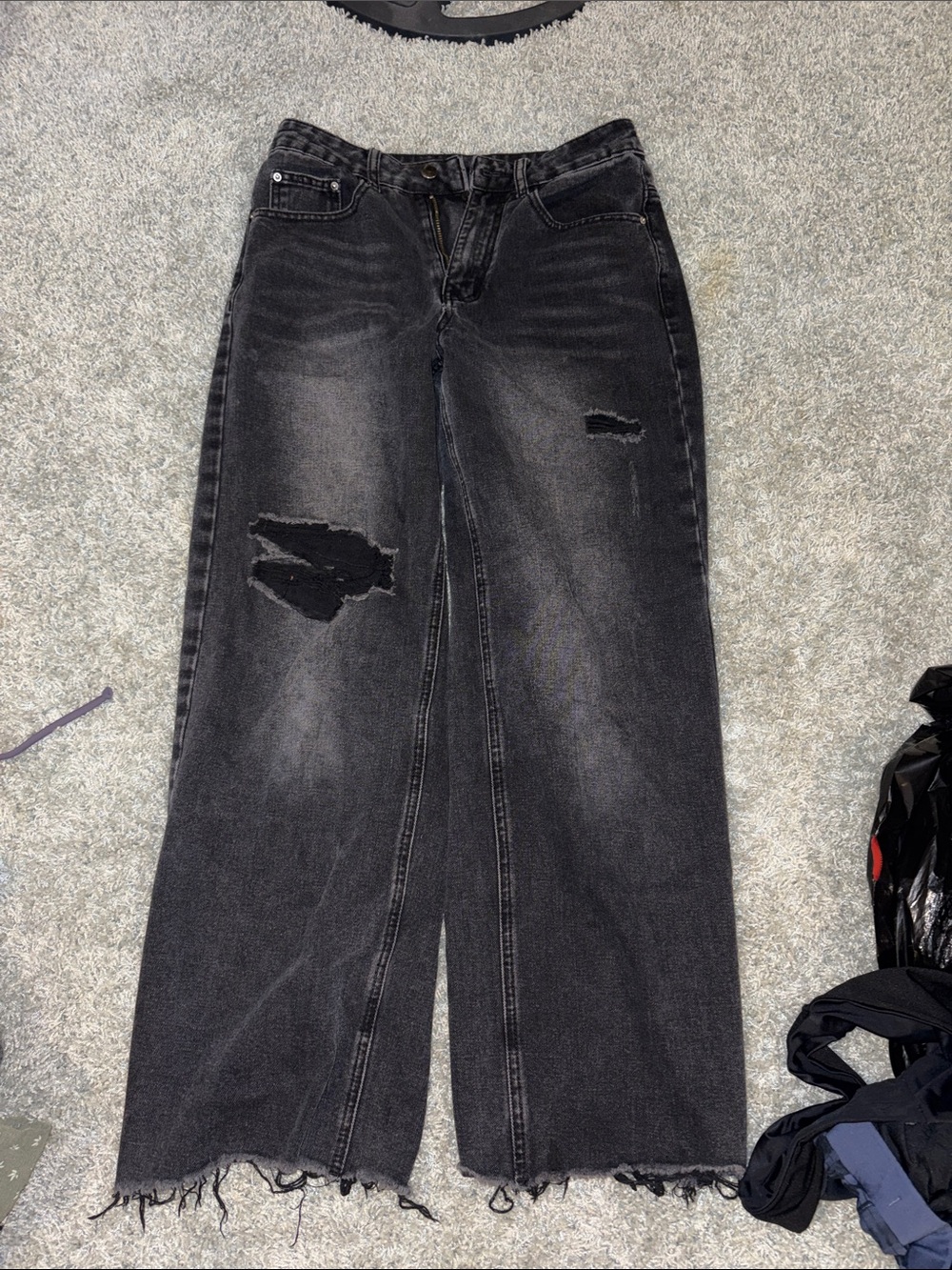 High-Rise Black Distressed Wide-Leg Jeans